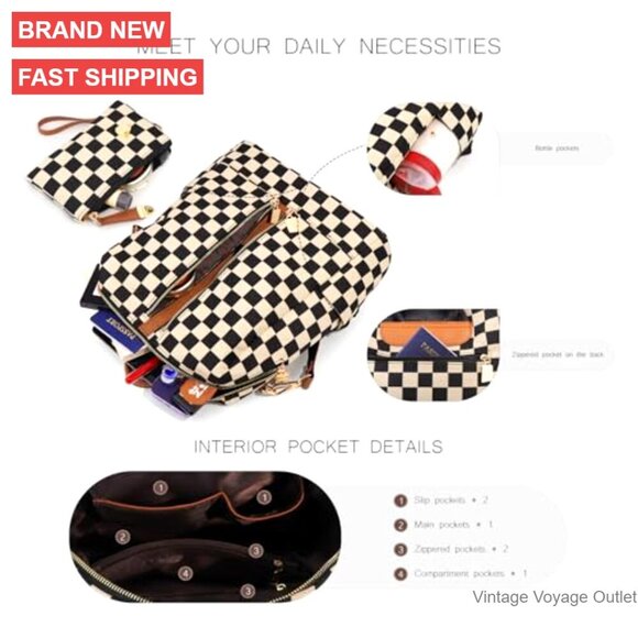 Checkered Canvas Backpack Purse for Women, Daypack for Travel Work main image 4